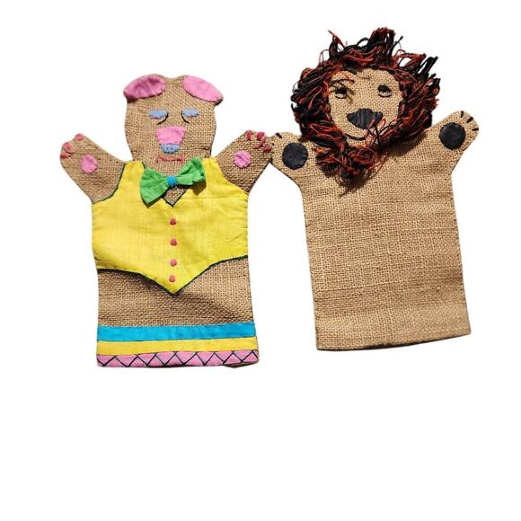 Hand Crafted Other - Vtg Handmade Burlap Lion Pig Hand Puppets Patchwork Embroidered Primitive